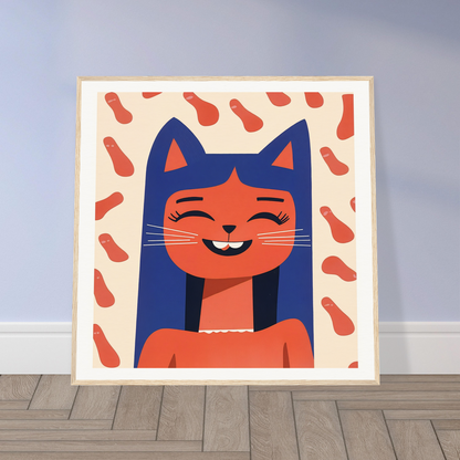 Framed illustration of a joyful feline with blue and orange hues in Feline Horizon