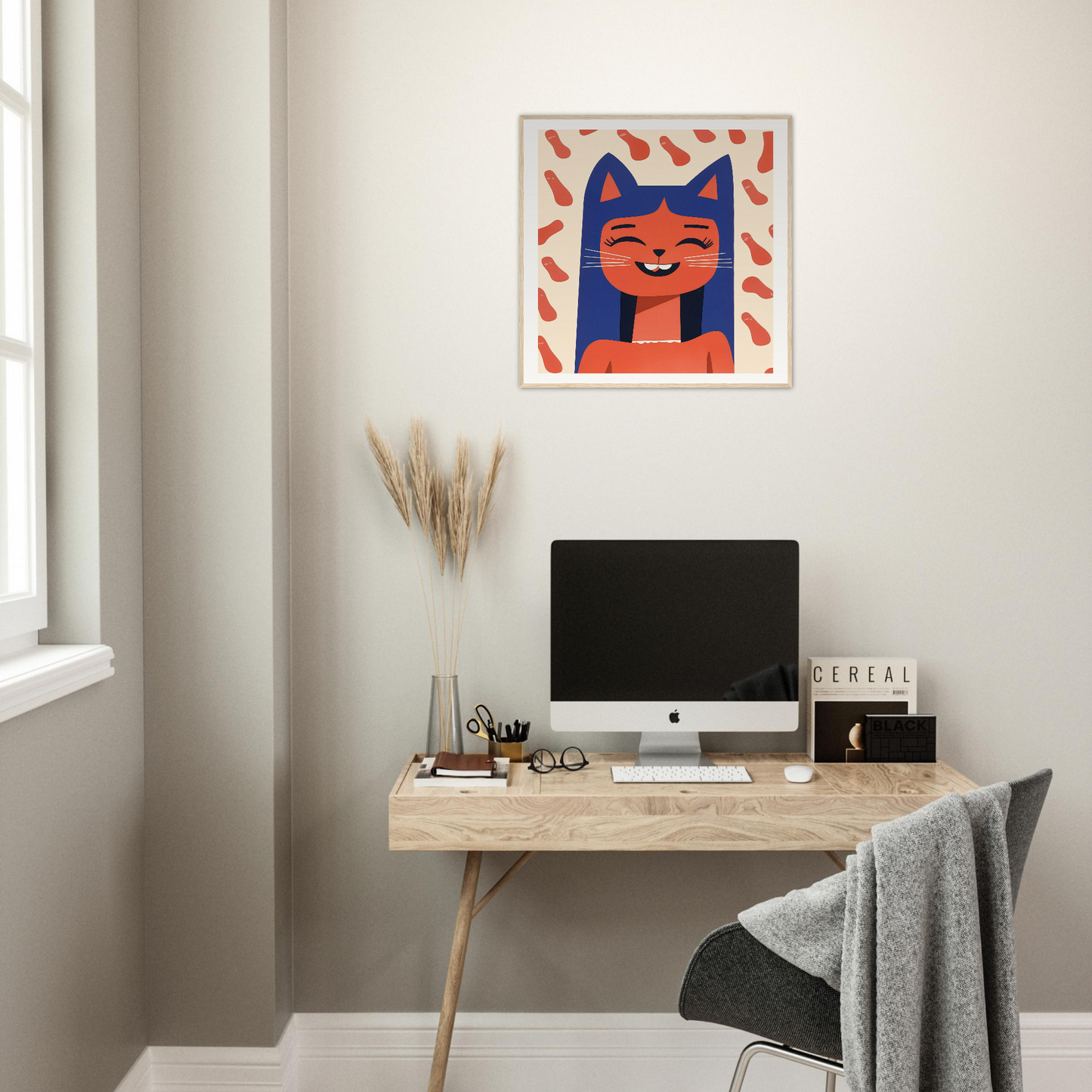 Minimalist workspace with iMac and cheerful cat illustration from Joyful Feline Horizon