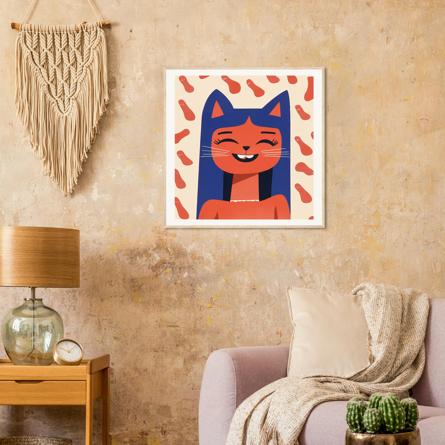 Cheerful orange cartoon cat against a red and white background in Joyful Feline Horizon