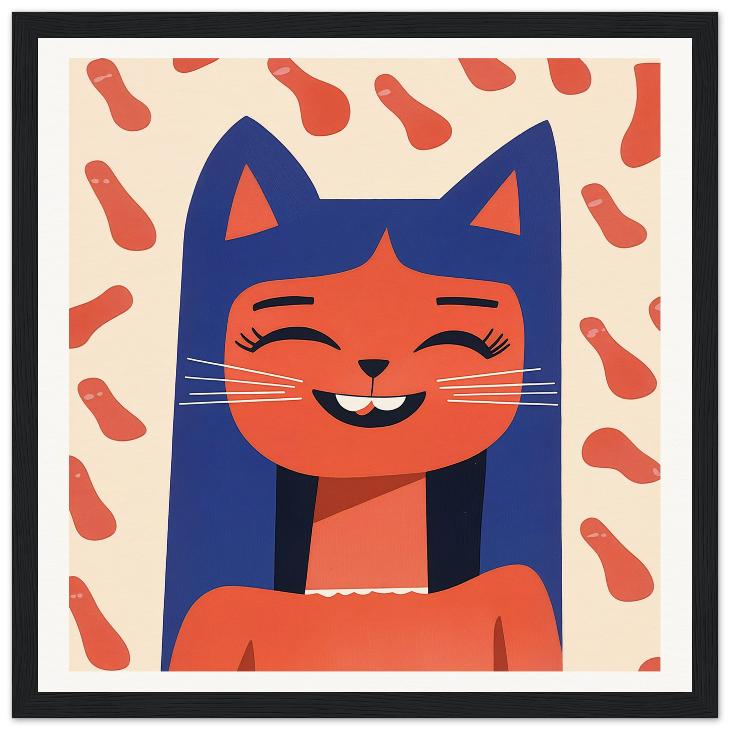 Smiling blue and orange cartoon cat with closed eyes in Joyful Feline Horizon