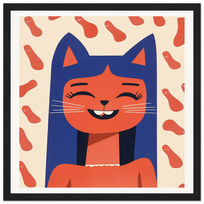 Smiling blue and orange cartoon cat with closed eyes in Joyful Feline Horizon