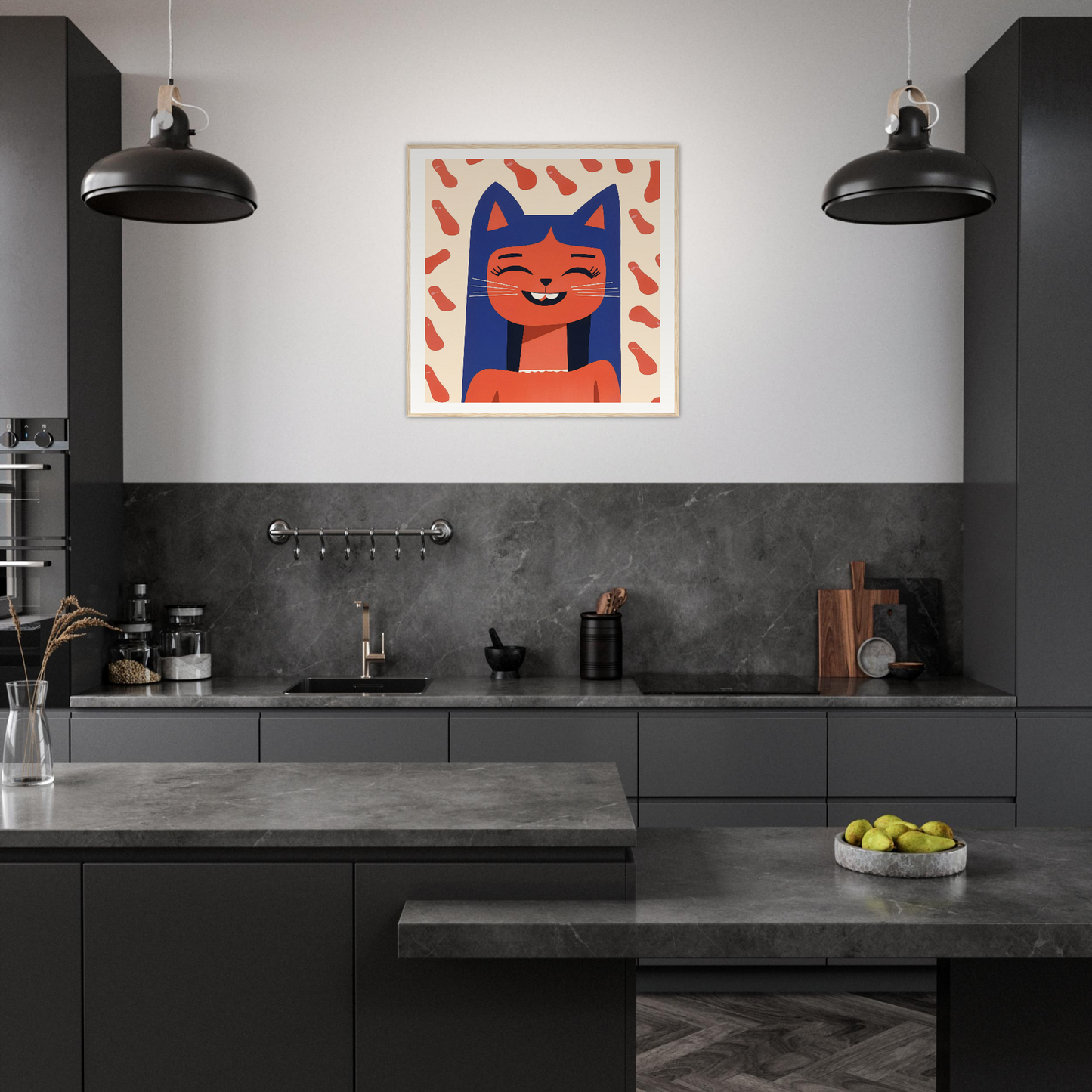 Modern dark gray kitchen featuring Joyful Feline Horizon cat artwork as focal point