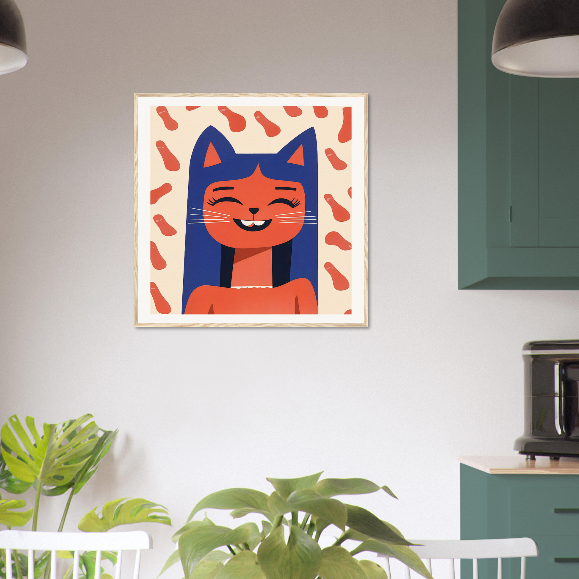 Framed art print of a joyful feline horizon featuring a smiling blue cat with orange accents