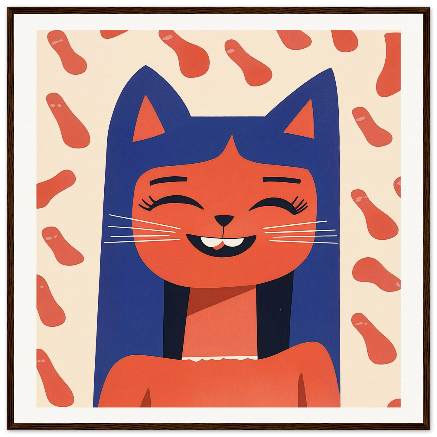 Smiling cartoon cat with blue ears and orange face in Joyful Feline Horizon design