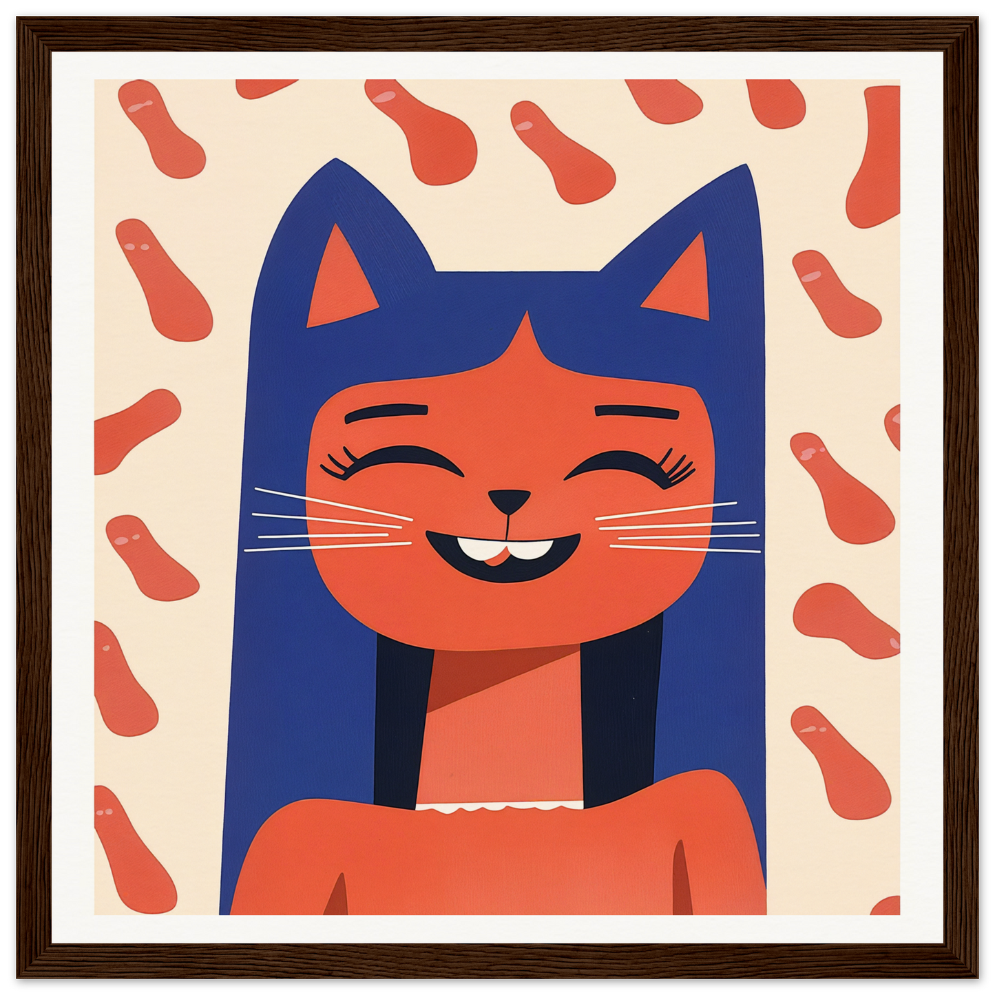 Happy blue-furred cat with orange face smiling in Joyful Feline Horizon illustration