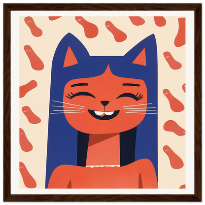 Happy blue-furred cat with orange face smiling in Joyful Feline Horizon illustration