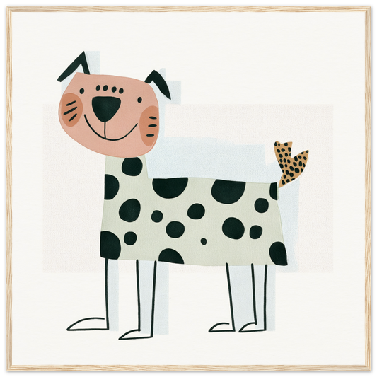 Cartoon spotted dog with smiling face and leopard print tail in joyful geometric bliss