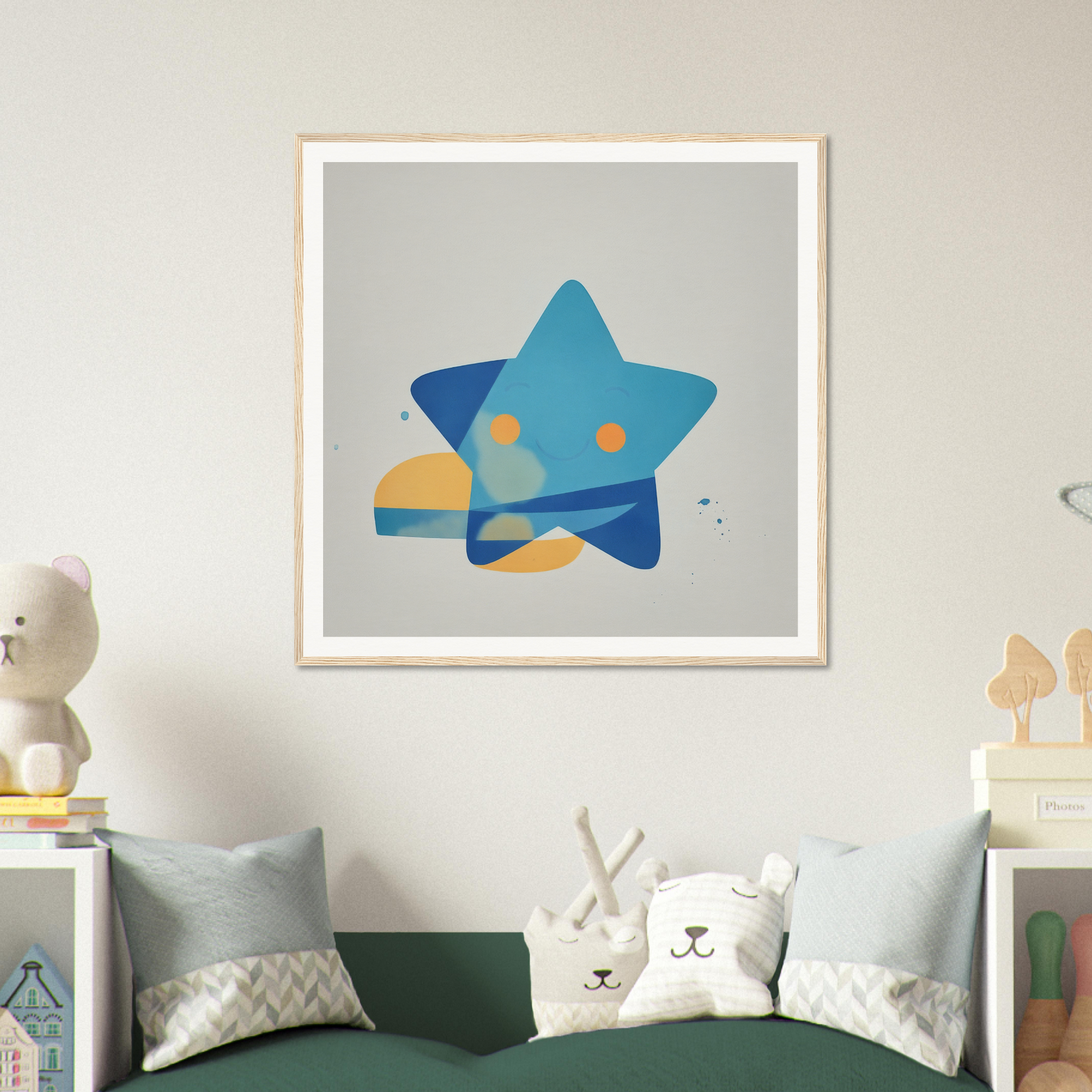 Blue star artwork with geometric shapes and dots in yellow and orange for Joyful Starburst Whimsy