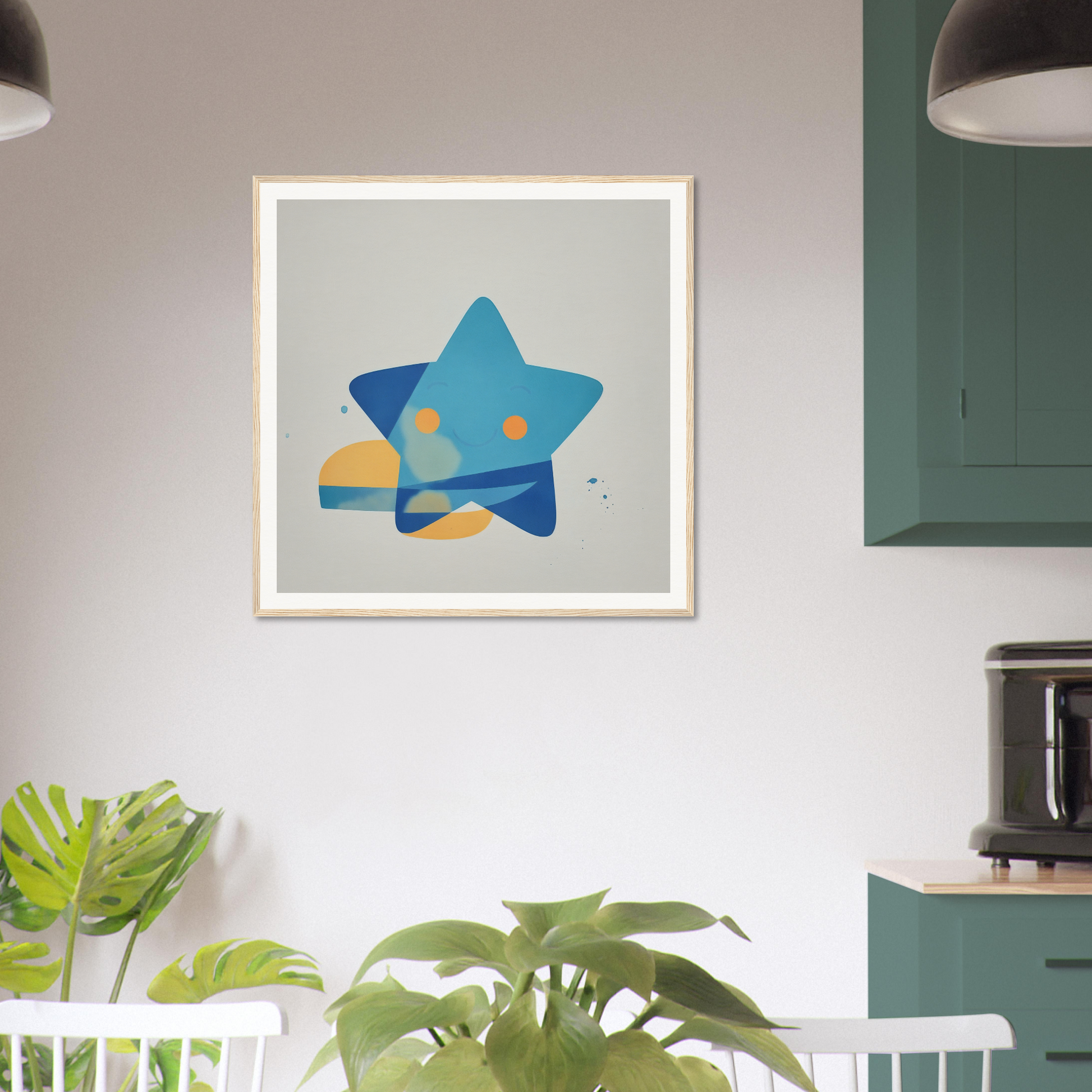 Framed Joyful Starburst Whimsy artwork featuring blue star with orange dots and yellow accents