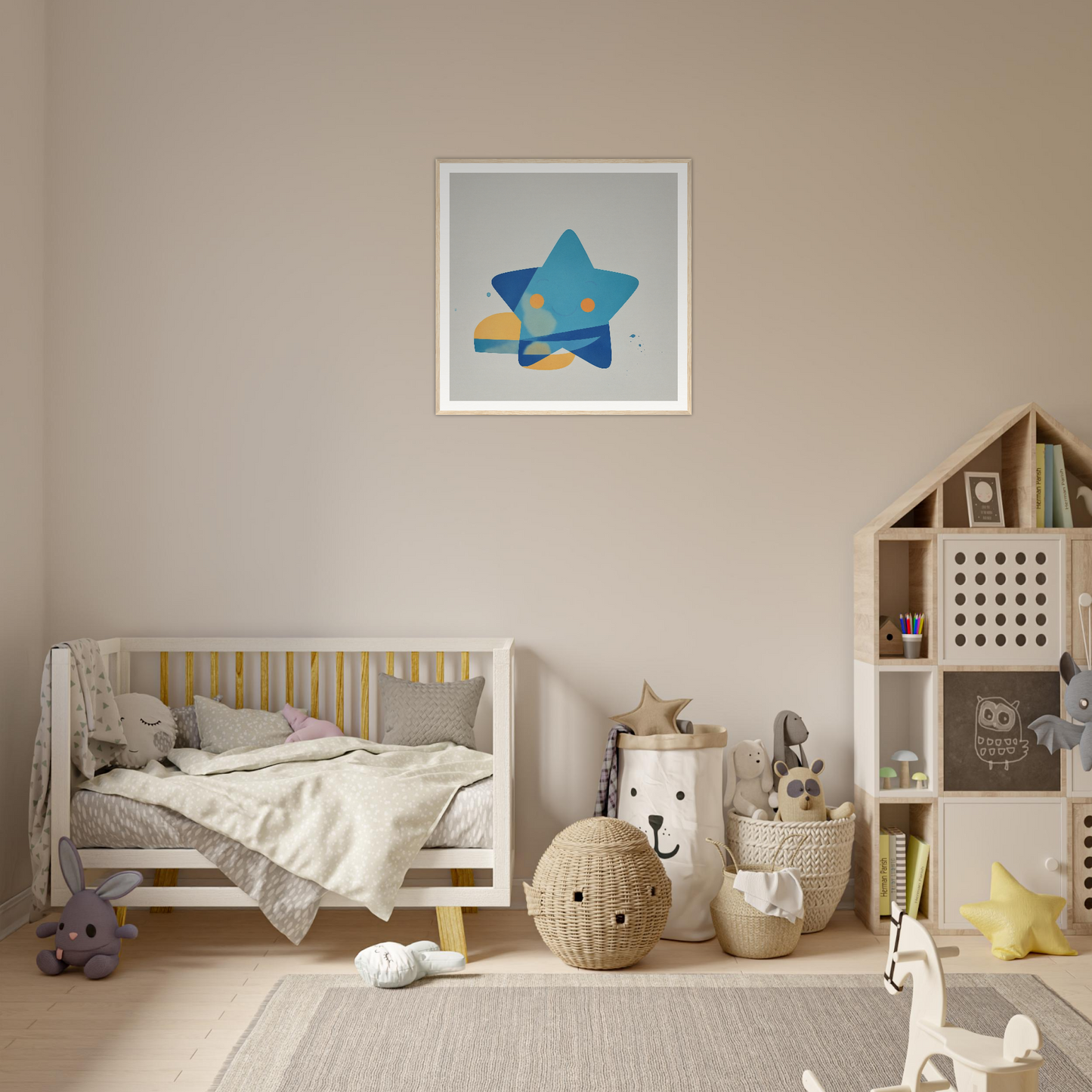 Framed blue star artwork with yellow accent stripe from Joyful Starburst Whimsy