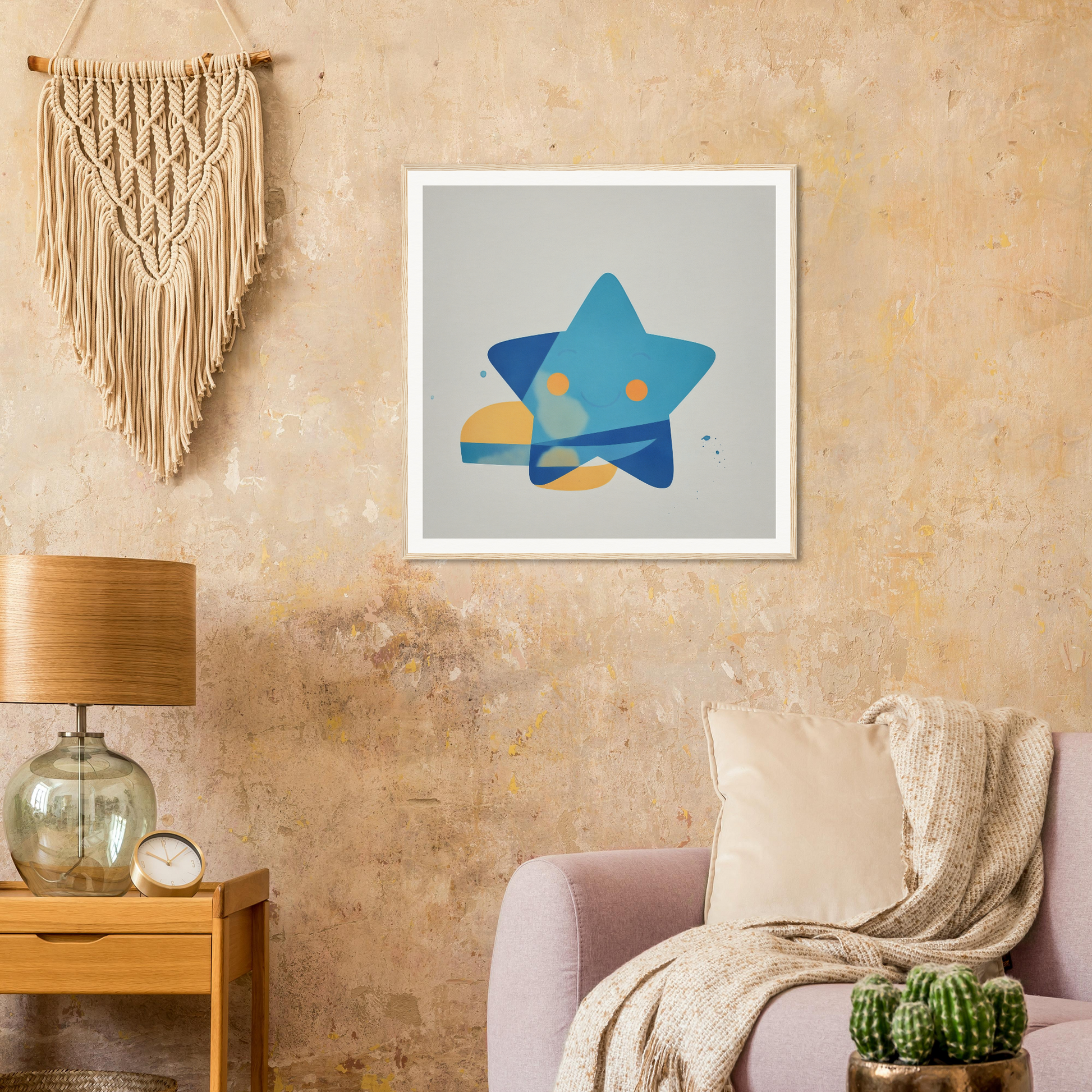 Framed blue star artwork with yellow accents on gray, joyful starburst whimsy design