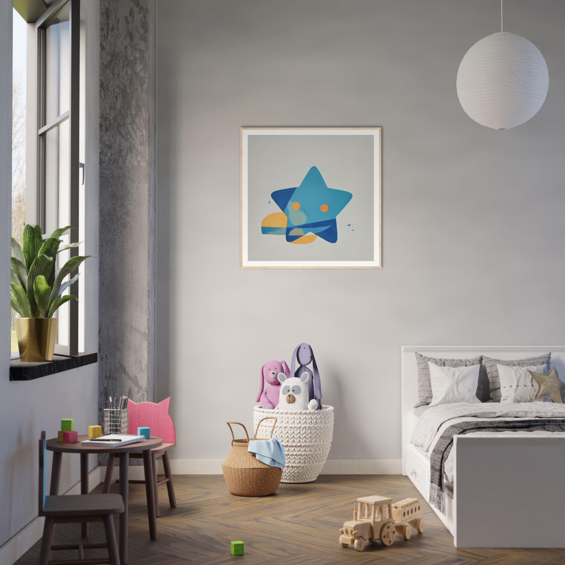 Modern bedroom featuring gray walls and Joyful Starburst Whimsy blue star artwork