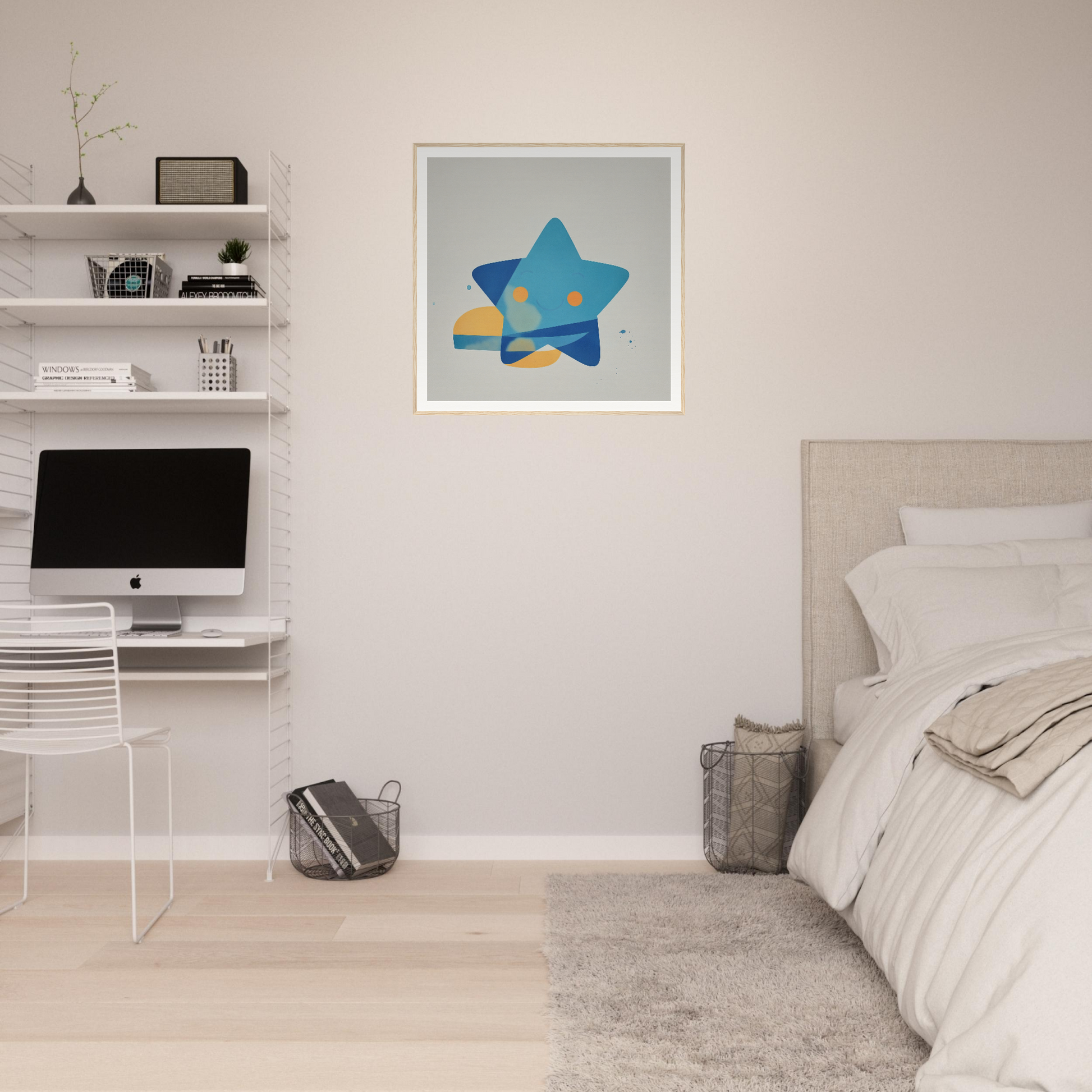 Minimalist bedroom workspace featuring Joyful Starburst Whimsy with floating shelves and iMac