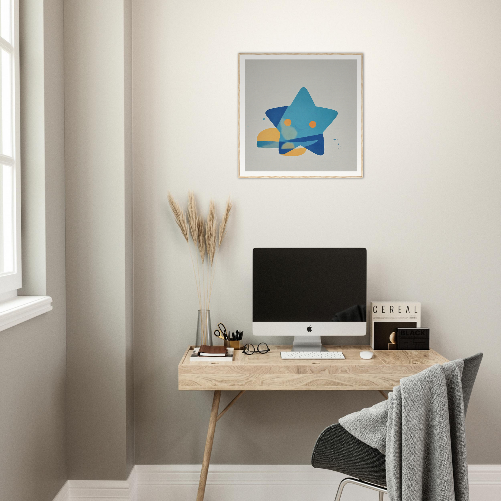 Simple wooden desk styled with an iMac and minimal accessories in Joyful Starburst Whimsy