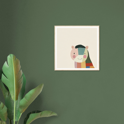 Framed cartoon illustration of a colorful geometric horse for Joyous Sensus Surfaces