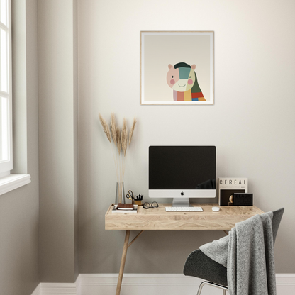 Minimalist wooden desk with iMac and abstract artwork in Joyous Sensus Surfaces