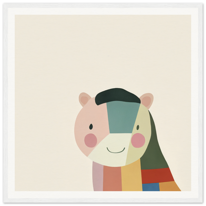 Cute cartoon bear face with colorful geometric patchwork design for Joyous Sensus Surfaces