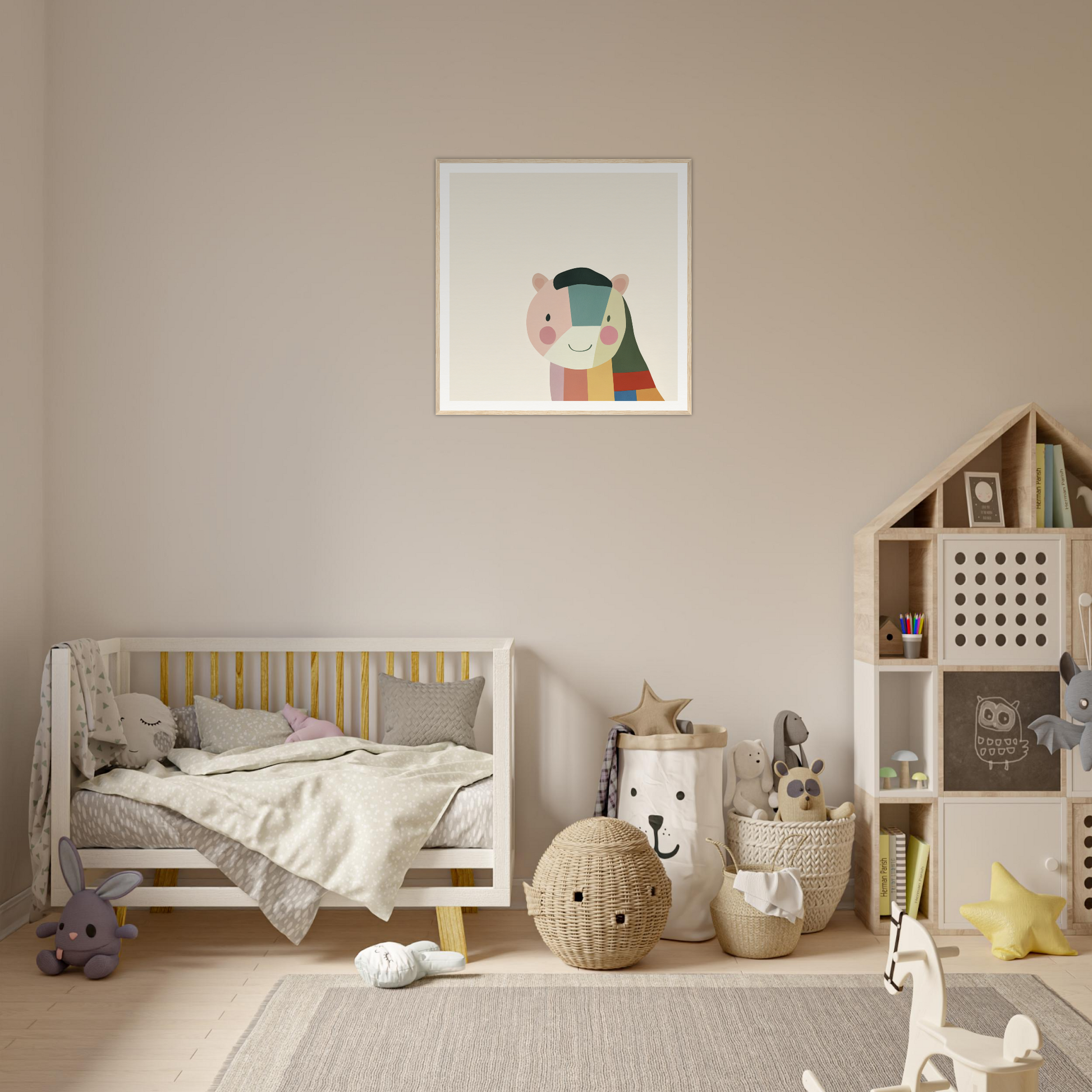 Wooden crib featuring gray bedding and yellow accents by Joyous Sensus Surfaces