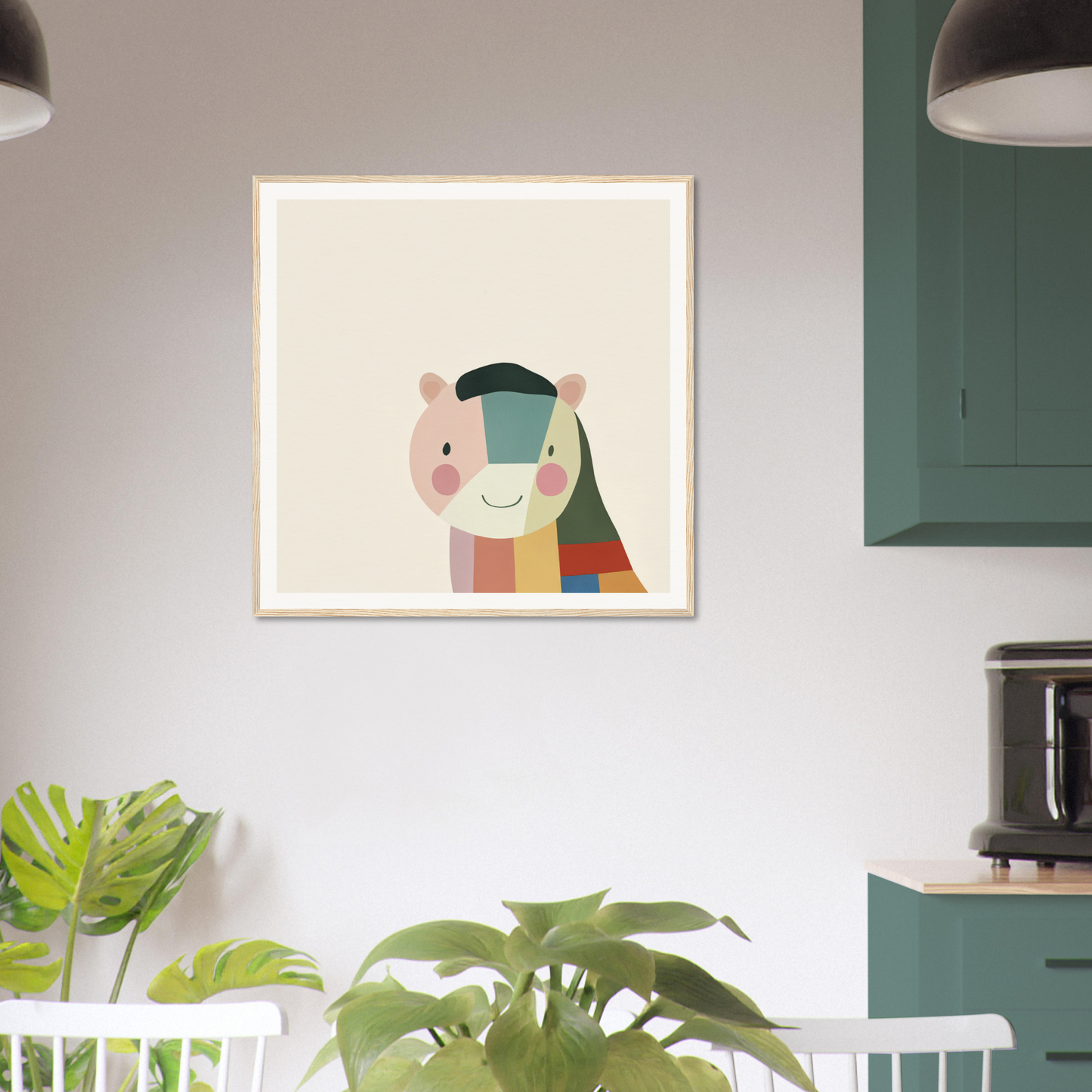 Abstract art print of minimalist geometric face design in pastel colors by Joyous Sensus Surfaces