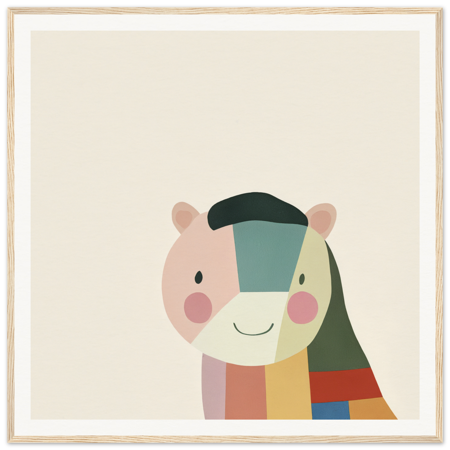 Cute cartoon bear face with vibrant geometric patchwork for Joyous Sensus Surfaces