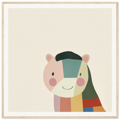 Cute cartoon bear face with vibrant geometric patchwork for Joyous Sensus Surfaces