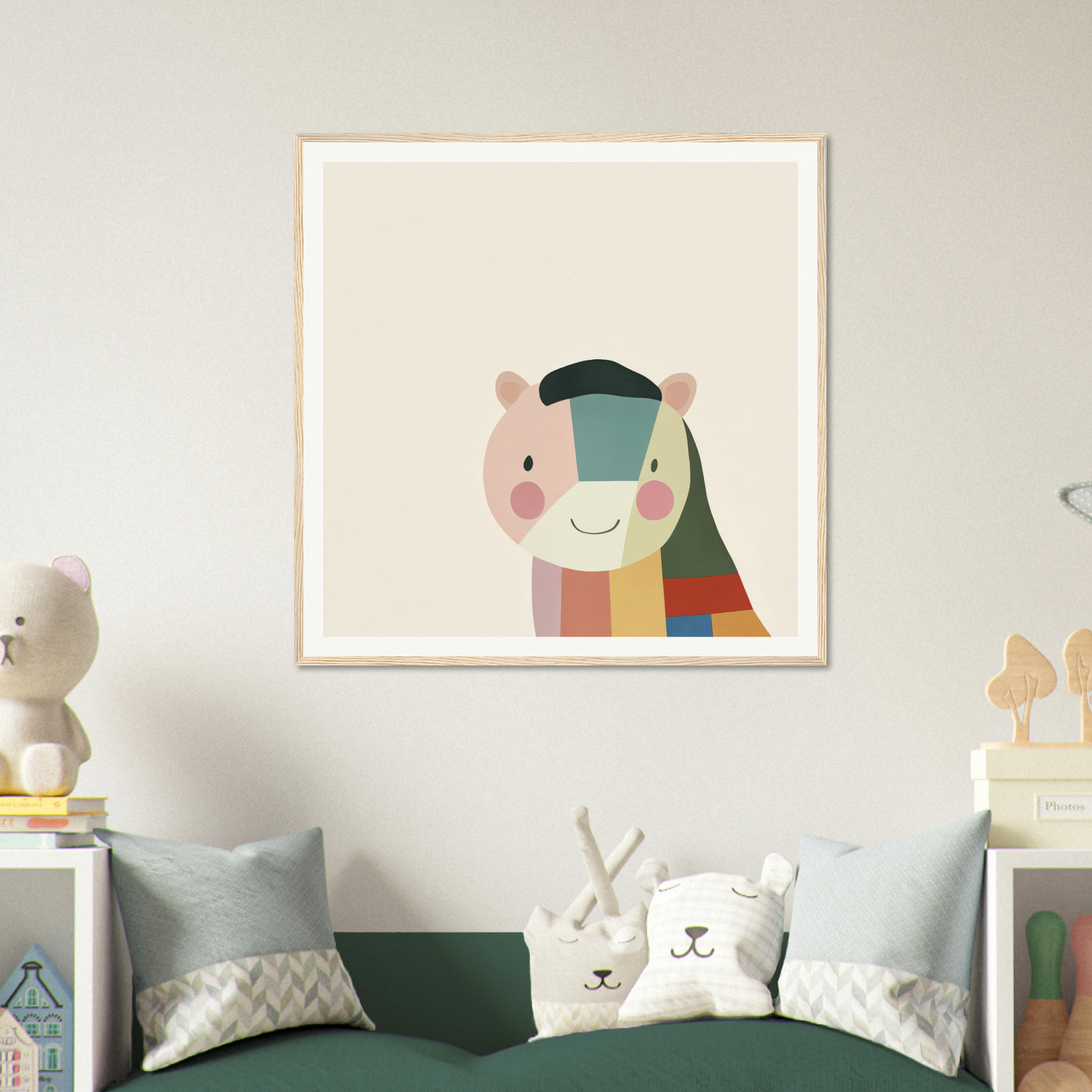 Framed geometric art print of a colorful bear face in minimalist style for Joyous Sensus Surfaces