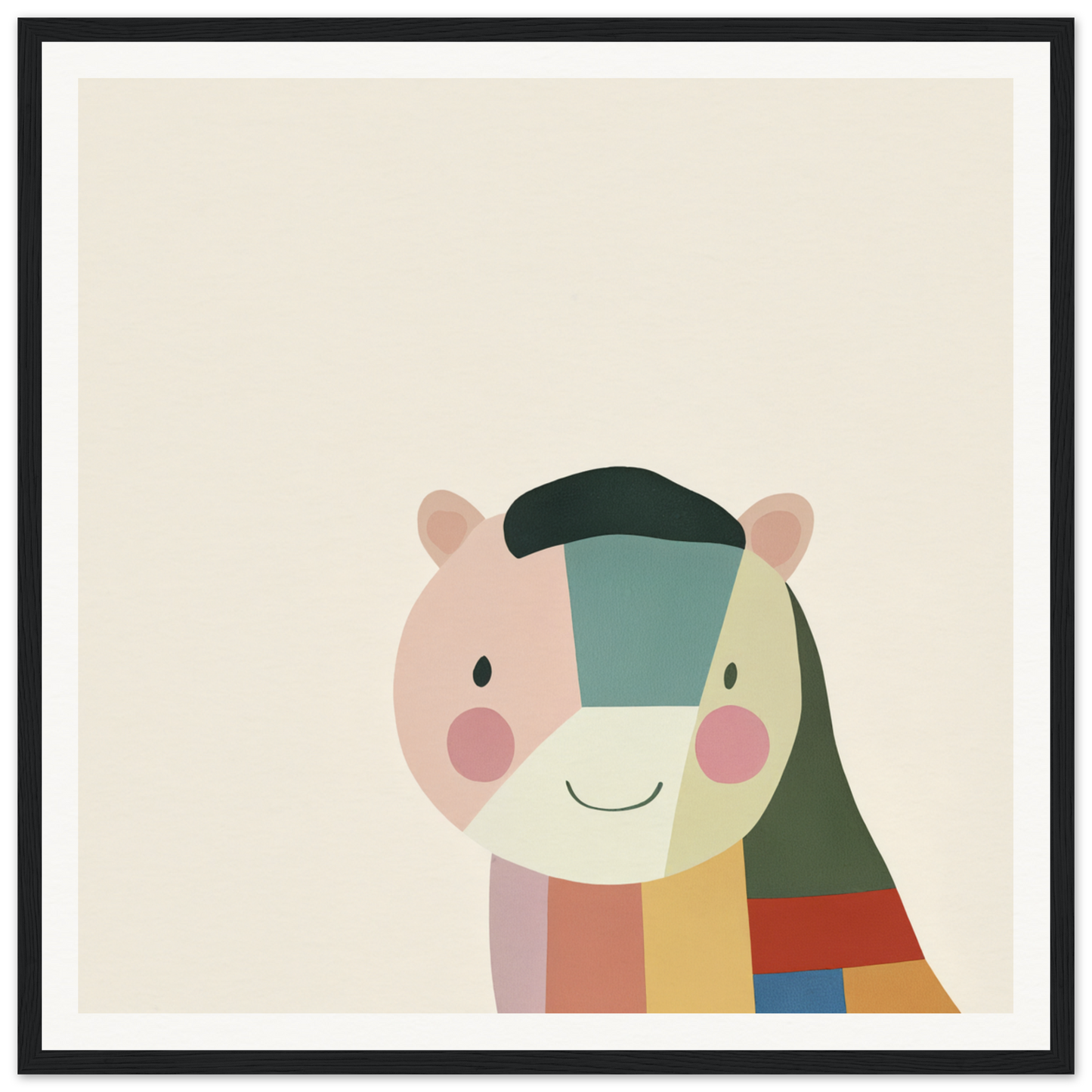 Minimalist illustration of a smiling bear with colorful geometric patterns for Joyous Sensus Surfaces