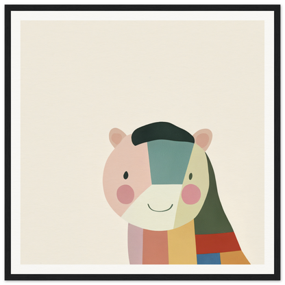 Minimalist illustration of a smiling bear with colorful geometric patterns for Joyous Sensus Surfaces