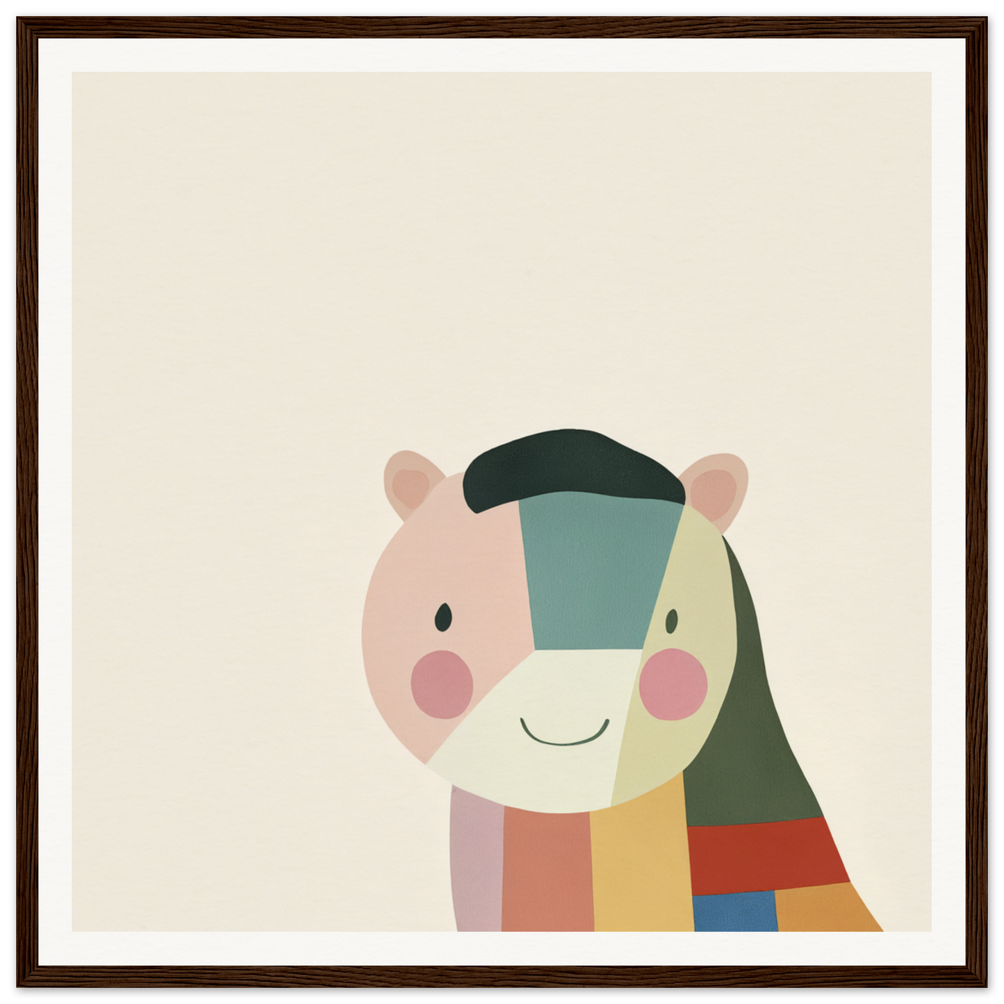 Minimalist bear face illustration in geometric color blocks for Joyous Sensus Surfaces