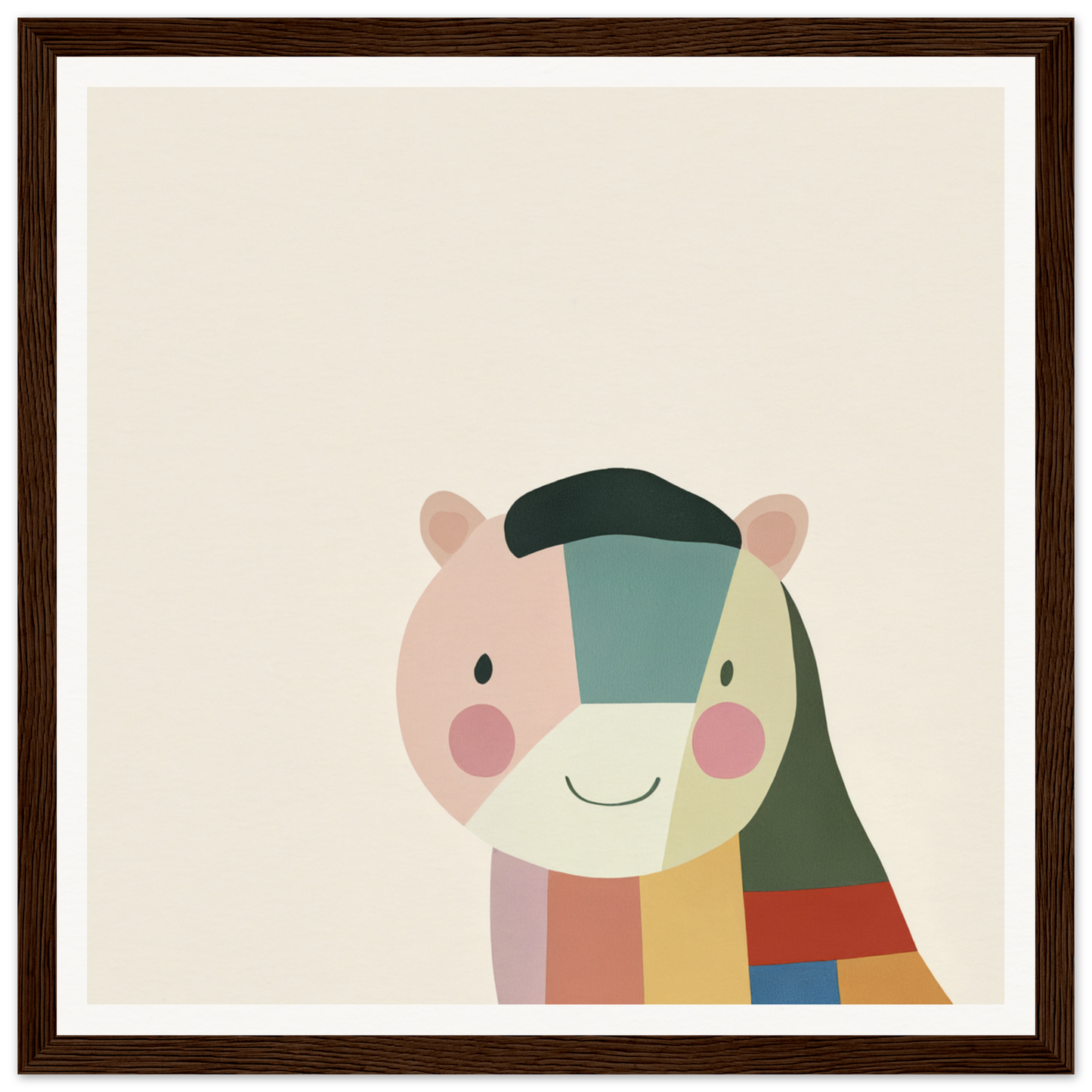 Colorful geometric cartoon hamster head with rosy cheeks for Joyous Sensus Surfaces