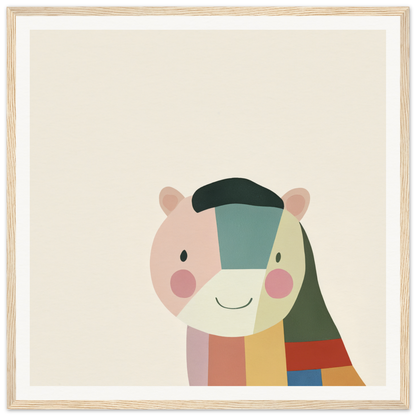 Cute cartoon bear face with geometric color blocks featured in Joyous Sensus Surfaces