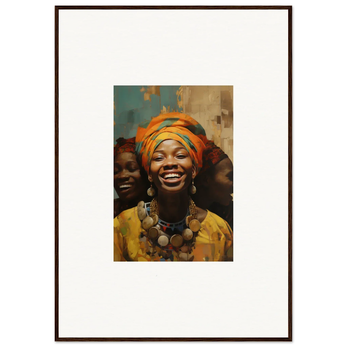 Framed wall art called Joyous Spirtbeam features a joyful woman with orange headwrap