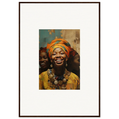 Framed wall art called Joyous Spirtbeam features a joyful woman with orange headwrap