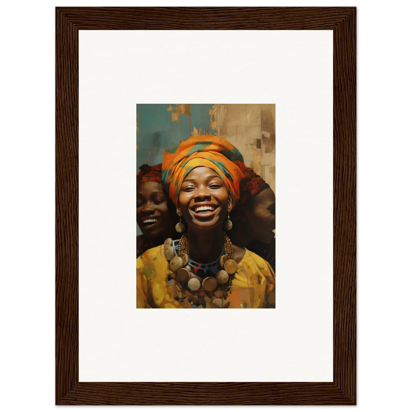 Framed wall art of joyful people in vibrant African attire, part of Joyous Spirtbeam!