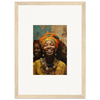 Framed wall art of joyous expressions in vibrant African attire from Joyous Spirtbeam!