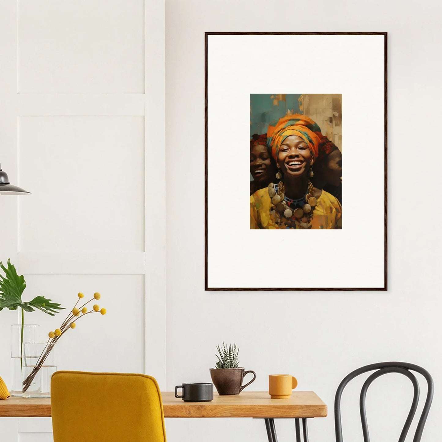 Framed wall art featuring a joyful portrait in a vibrant yellow headwrap from Joyous Spirtbeam