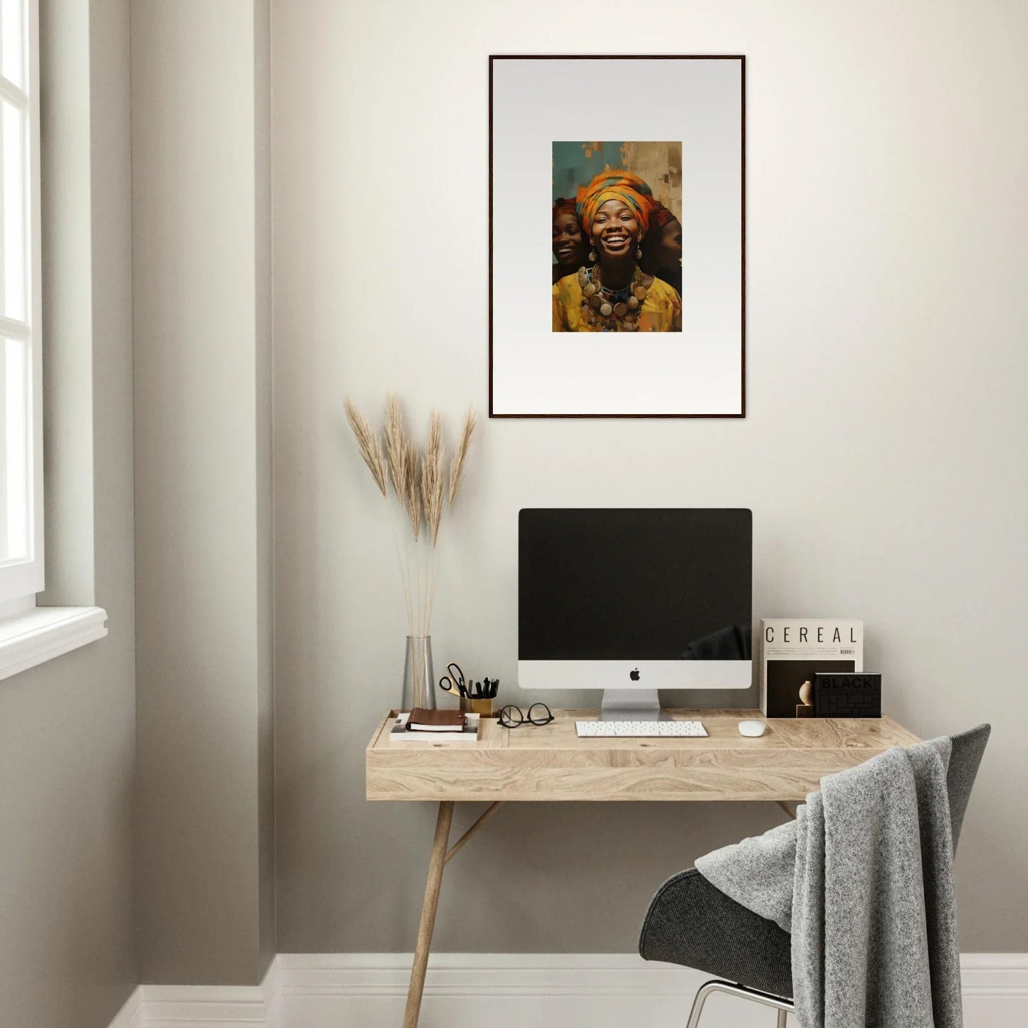 Minimalist wooden desk with iMac and framed wall art for Joyous Spirtbeam special edition