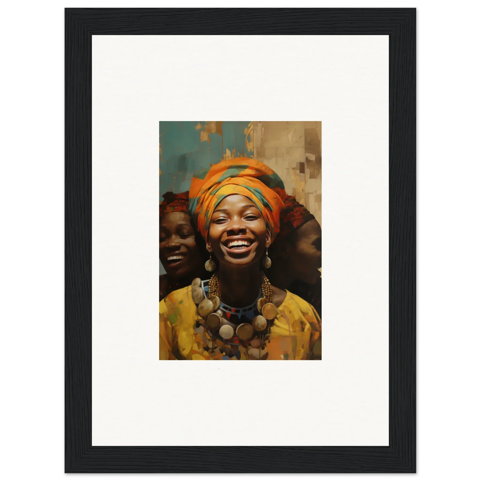 Joyful expressions in a framed wall art with vibrant orange headwrap and jewelry