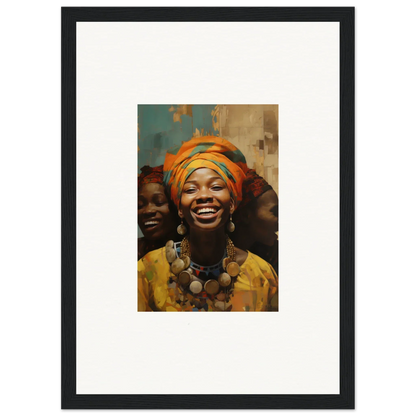 Framed wall art of joyful people in vibrant African attire from Joyous Spirtbeam!