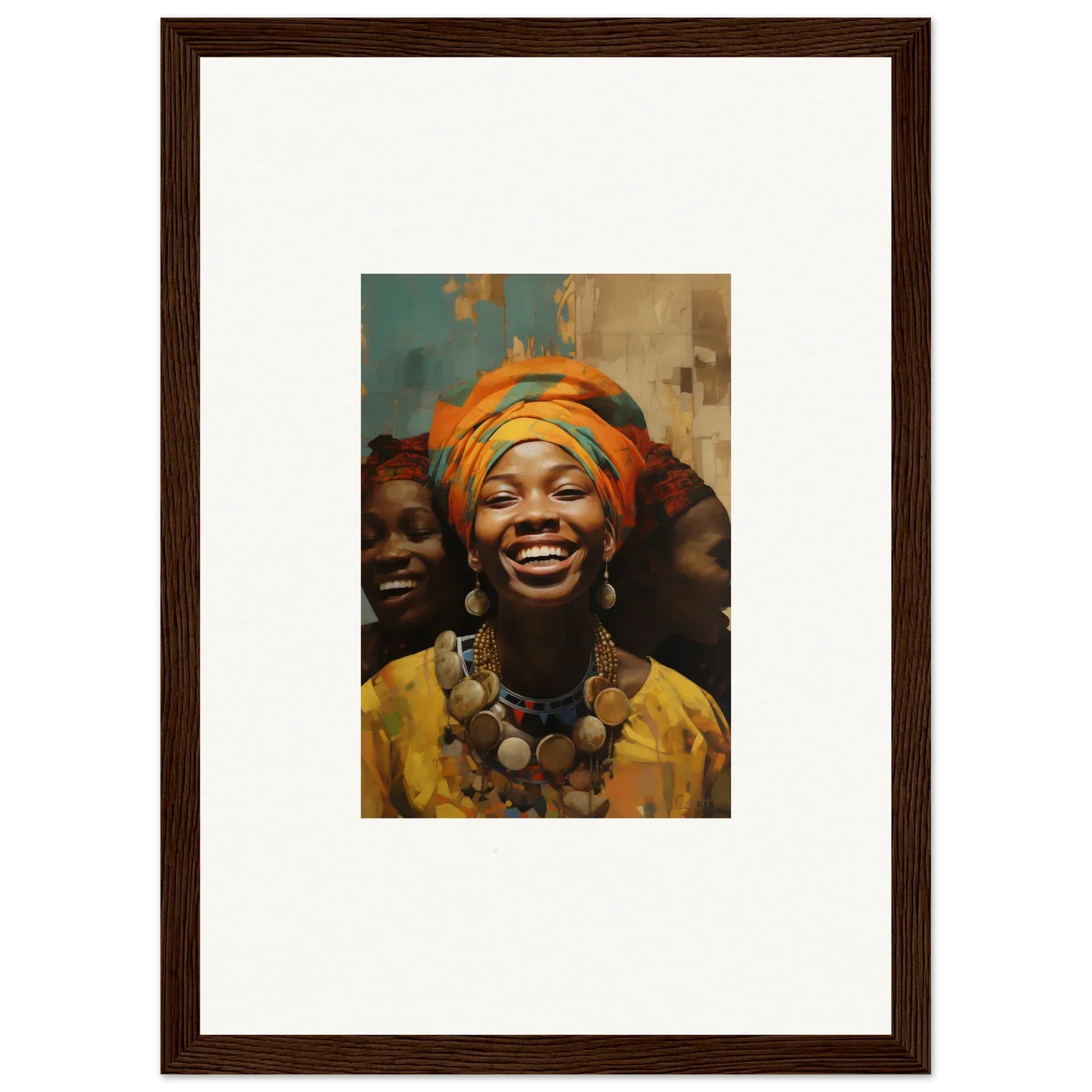 Framed wall art featuring joyful faces in vibrant African attire, perfect for Joyous Spirtbeam!