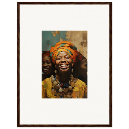 Framed wall art featuring joyful faces in vibrant African attire for Joyous Spirtbeam