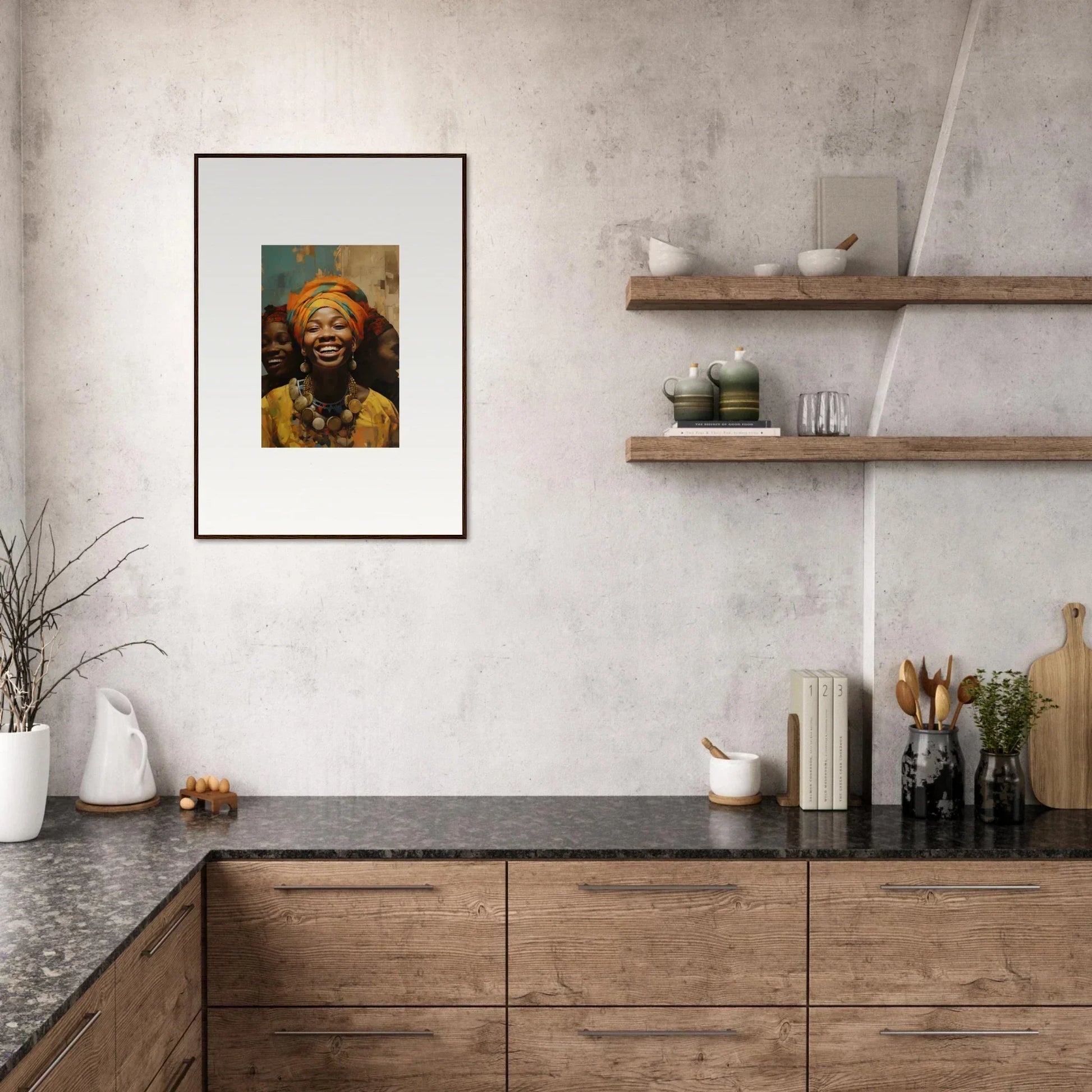 Modern kitchen with wooden cabinets and framed wall art from Joyous Spirtbeam