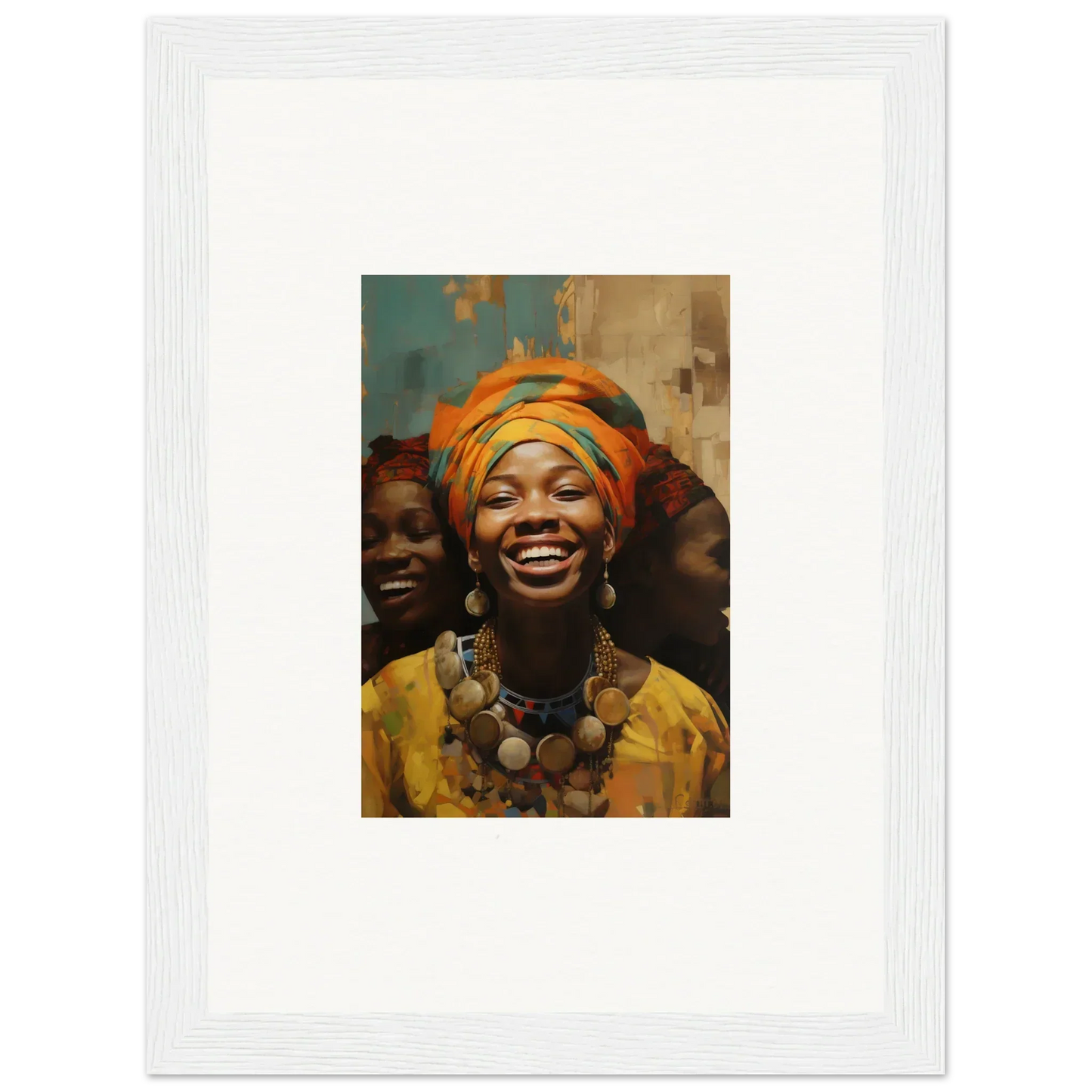 Joyous Spirtbeam framed wall art with vibrant traditional African attire and joyful faces