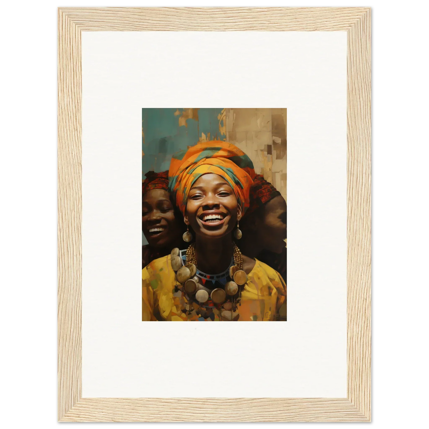 Framed wall art featuring Joyous Spirtbeam with vibrant orange headwrap and necklaces