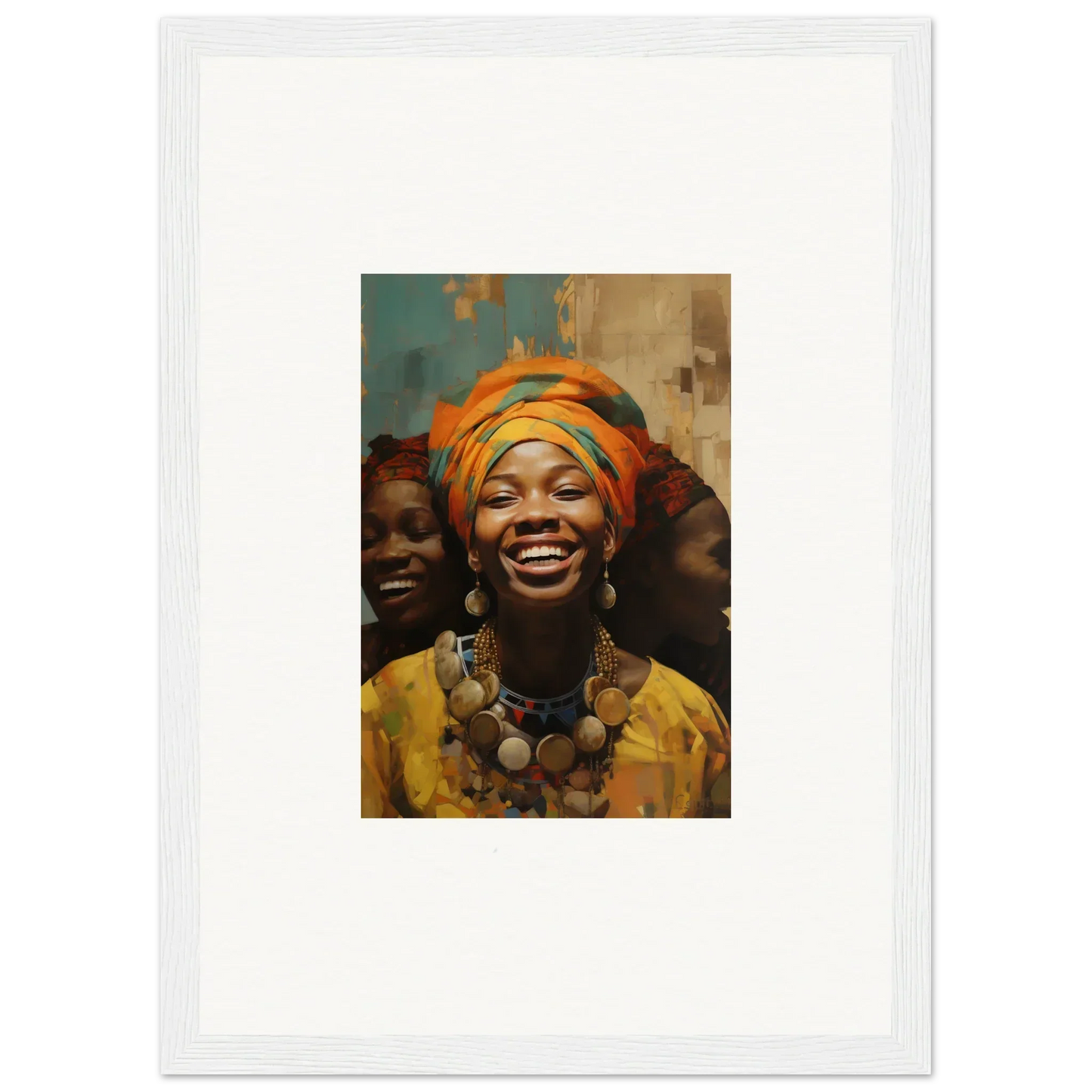 Joyous Spiritbeam framed wall art showcasing vibrant headwrap and beaded necklace