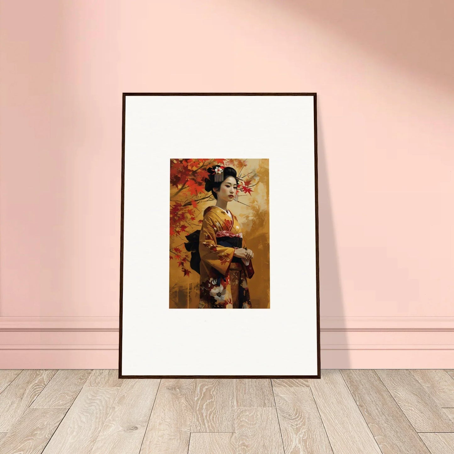 Framed art of a geisha in kimono with autumn hues, part of Kabuki Autumn Whispers