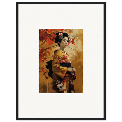 Framed artwork of a geisha in a golden kimono with autumn leaves for Kabuki Autumn Whispers