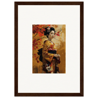 Framed Kabuki Autumn Whispers art of a geisha in a golden kimono with autumn leaves