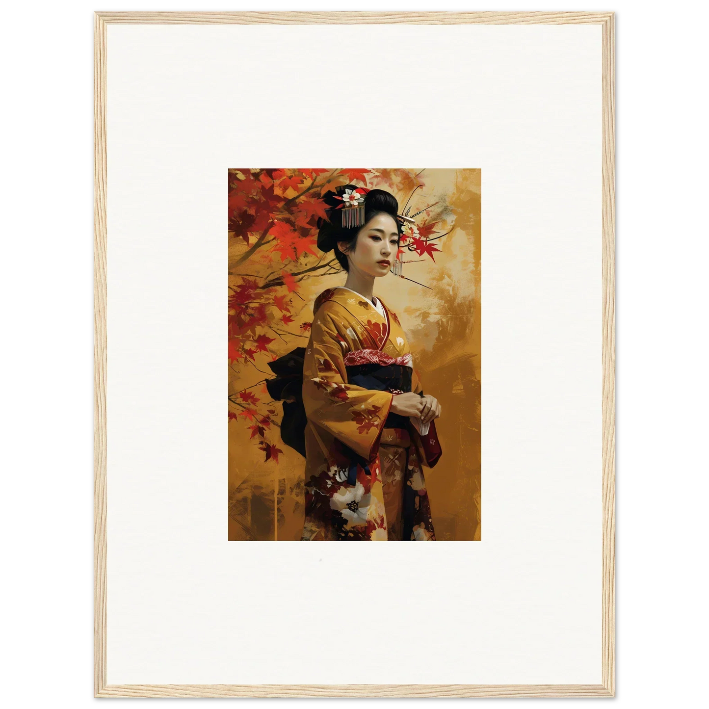 Framed artwork of a geisha in a golden kimono amidst autumn leaves, Kabuki Autumn Whispers