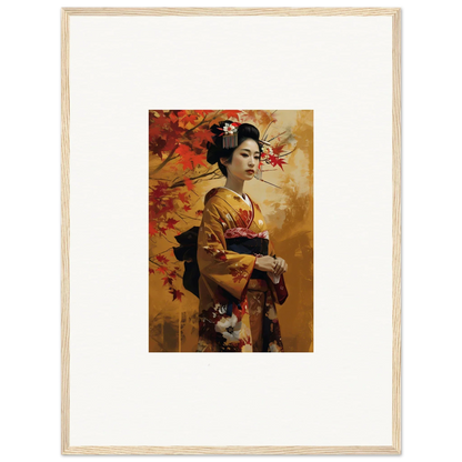 Framed artwork of a geisha in a golden kimono amidst autumn leaves, Kabuki Autumn Whispers